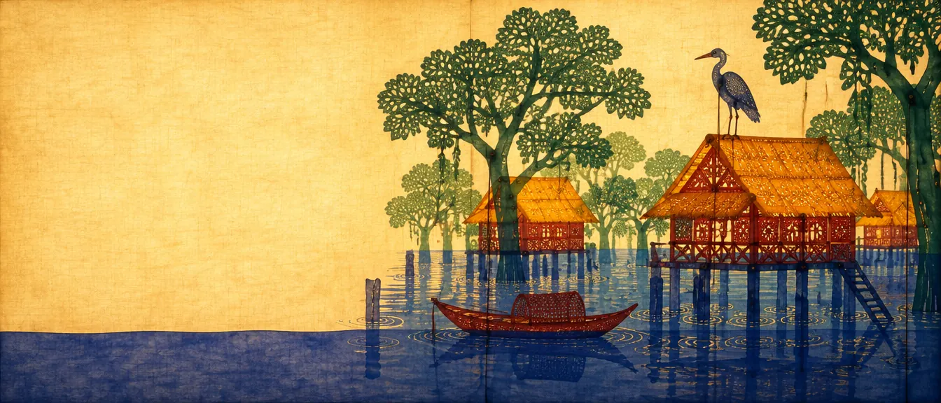 Atap rumah panggung dan pucuk pohon setengah tenggelam di air nila. Seekor bangau berdiri di bubungan, perahu alang-alang hanyut di bawahnya.